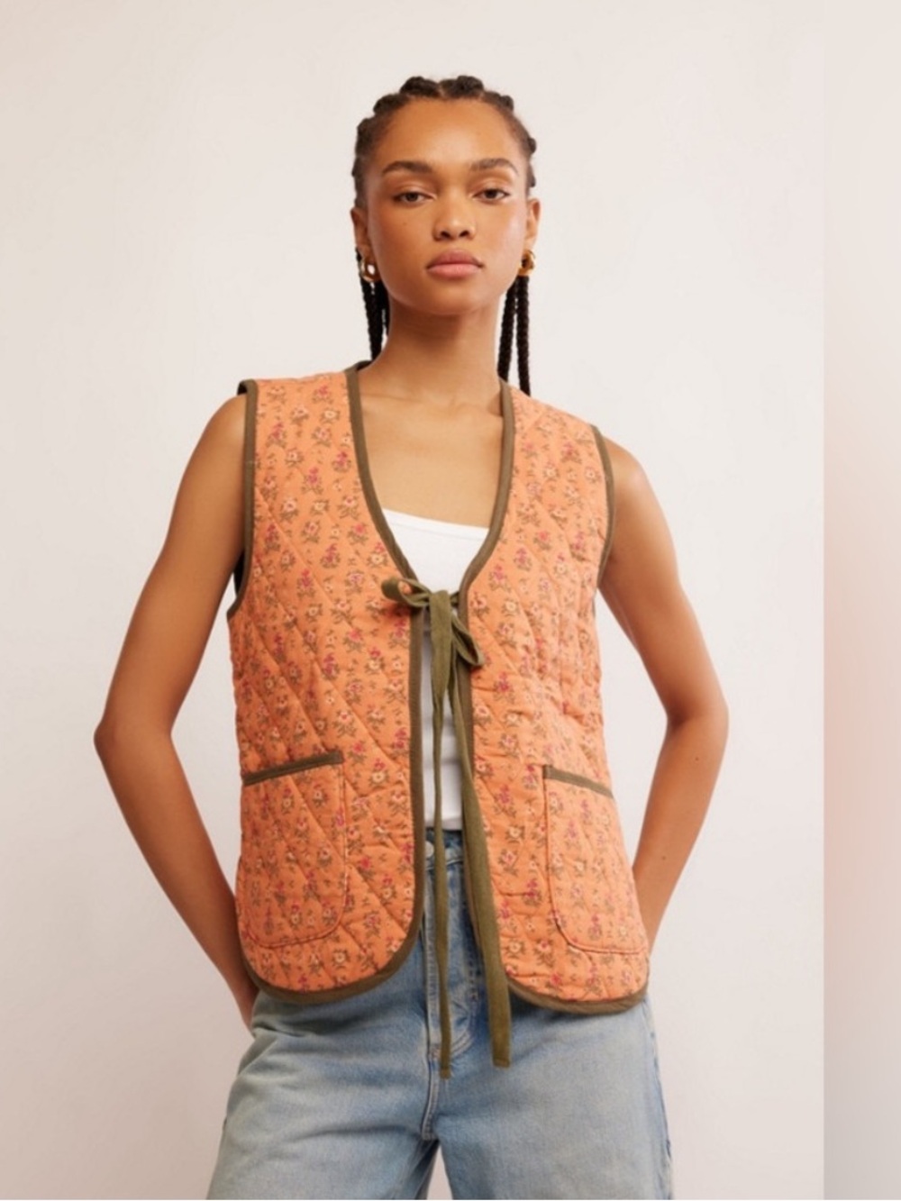 FP Quilted Floral Peach Tie-Front Vest